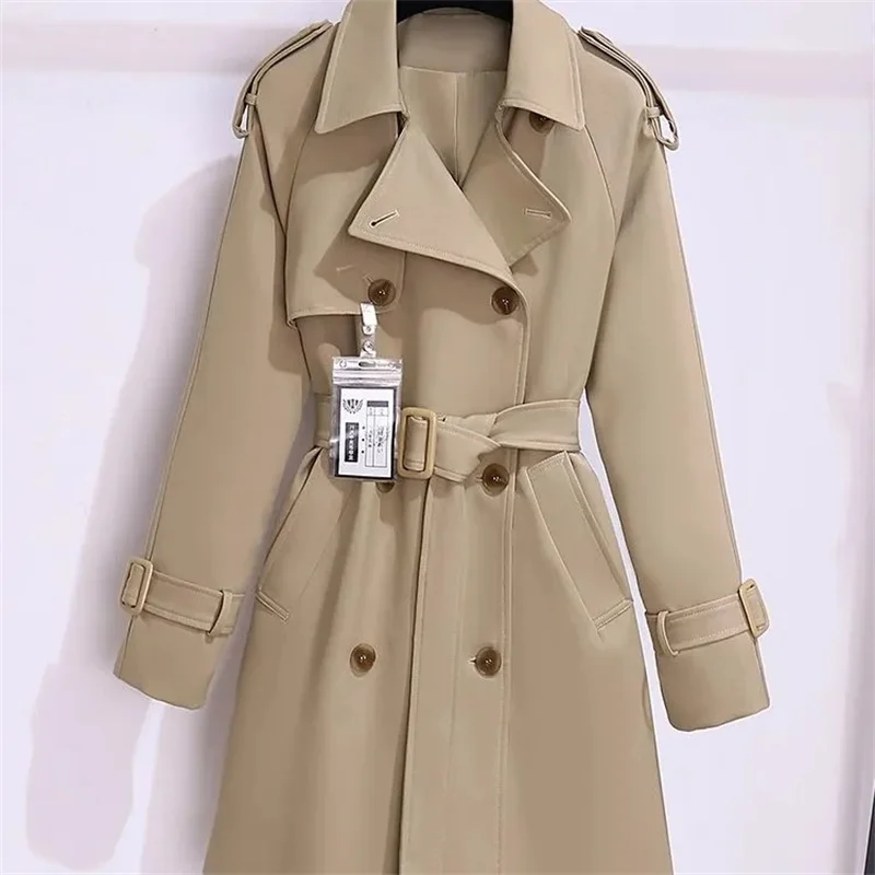 

Khaki Black Women's Windbreaker 2025 New Spring autumn Mid length Slim Temperament overcoat With belt Femle Casual trench coat