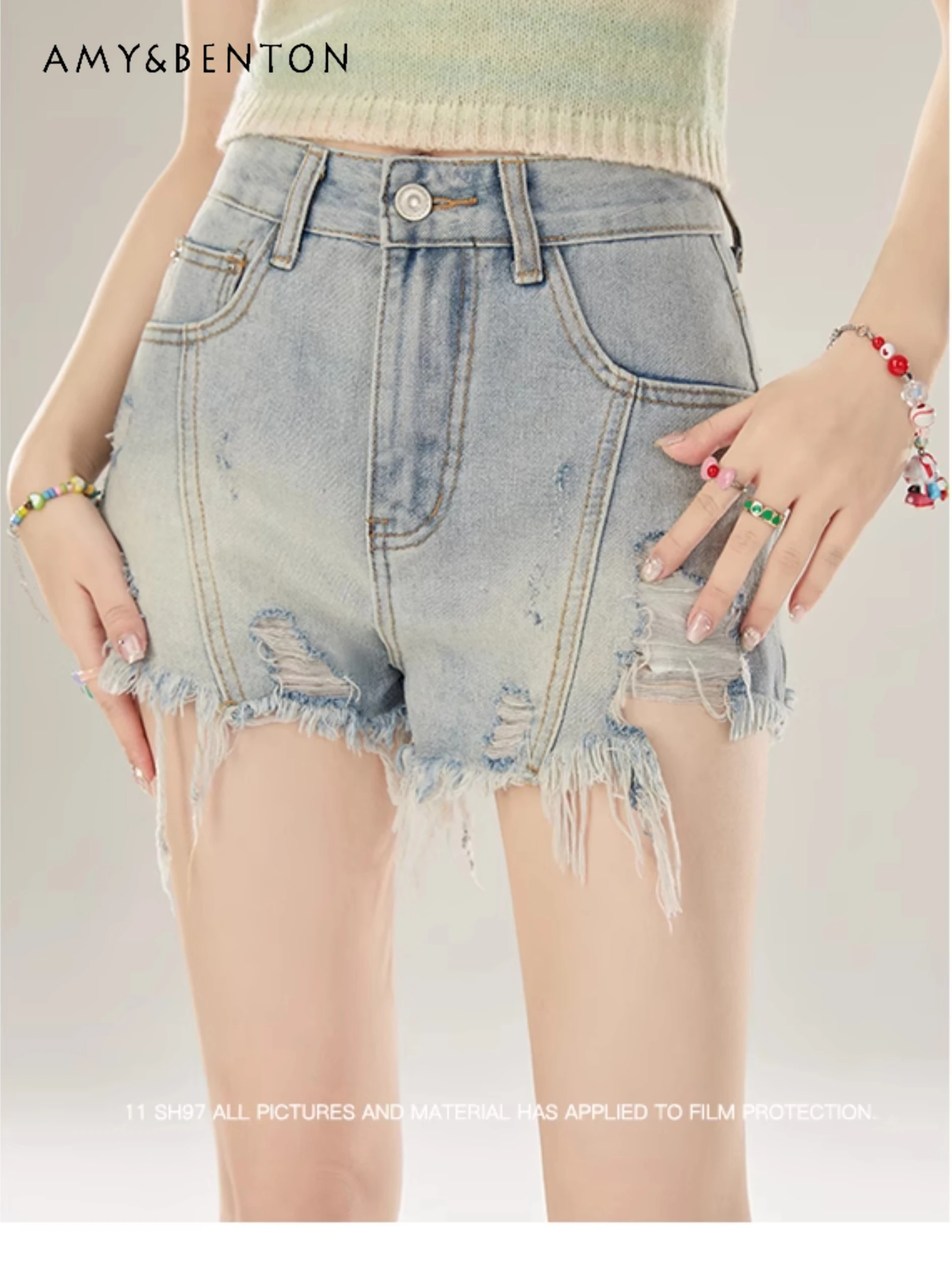 

American Retro Hot Girl Denim Shorts for Women Summer New Harajuku Gothic Distressed Tassels Slim Wide Leg Pants Y2K Sexy Shorts