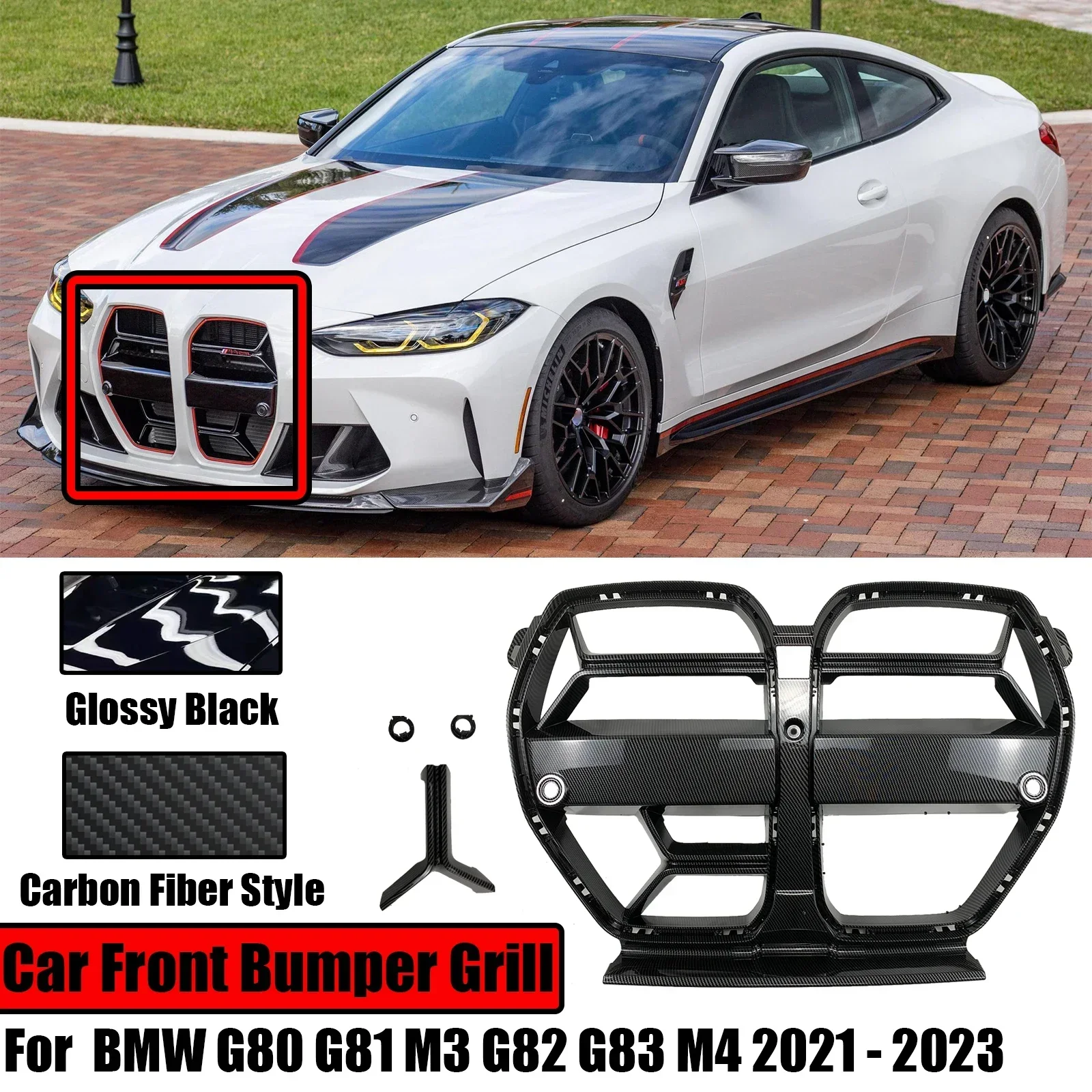 Car Front Bumper Grilles For BMW G80 G81 M3 G82 M4 G83 2021-2023 Carbon Fiber Style Grill Hood ACC Glossy Black Replacement Kit