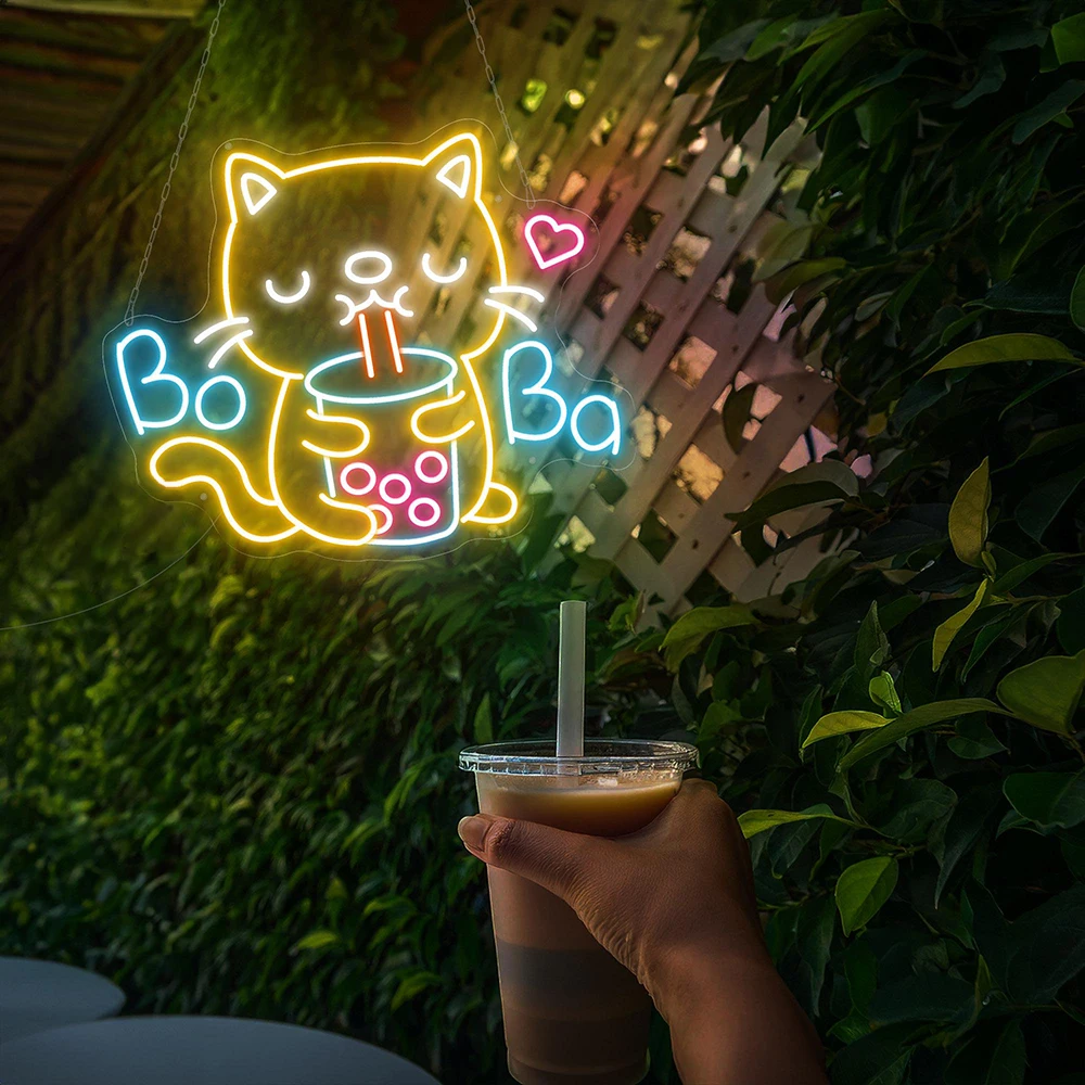 Cat Drinking Boba Tea Led Light Sign for Boba Tea Shop Wall Decor Neon Custom Coffee Bubble Drink Bar Decoration Night Light