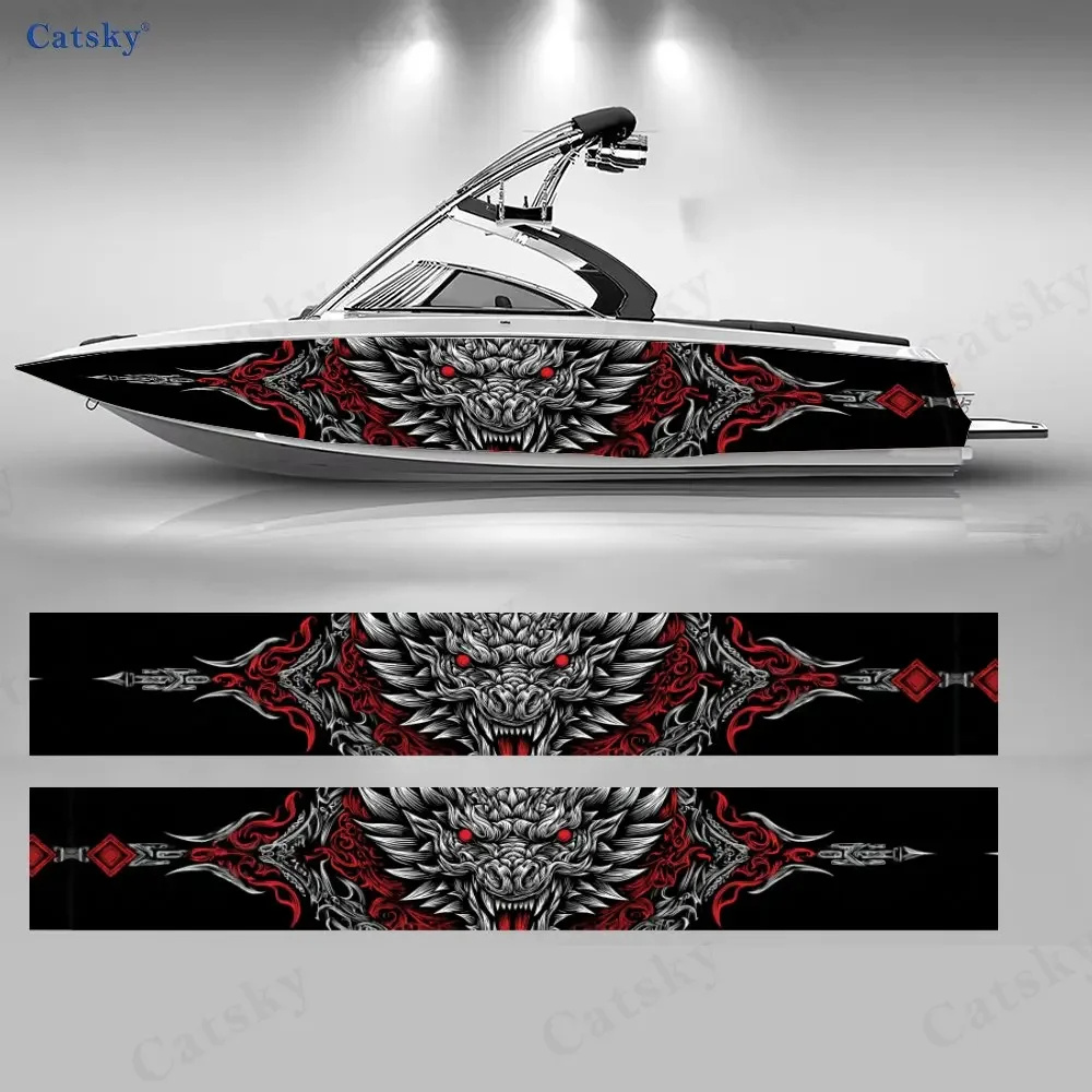 2Pcs Red Pattern Dragon Head Boat Stickers, PVC Waterproof Vinyl Wrap Decals for Fishing Boats, Durable and Stylish Design
