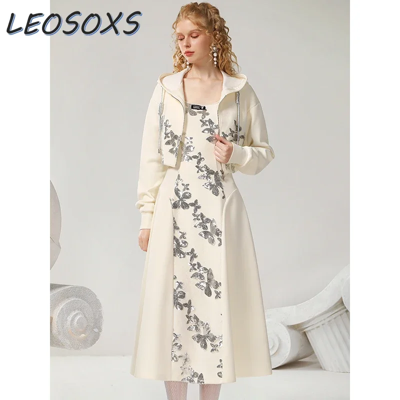 LEOSOXS Temperament Casual Hoodie Jacket Vest Dress Set Autumn New Heavy Industry Beads Butterfly Sweatshirt Coat Long Dress