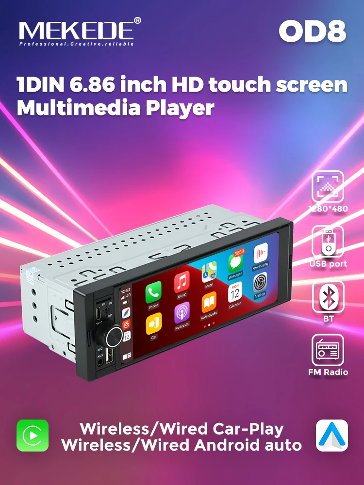 MEKEDE OD8 1din MP5 Player 6,86 Zoll Autoradio Drahtlos oder verdrahtet Carplay Android Auto Universal Touchscreen MP5 Multimedia Video Player FM Radio DVD Bluetooth Stereo USB AUX Play Funktion SWC