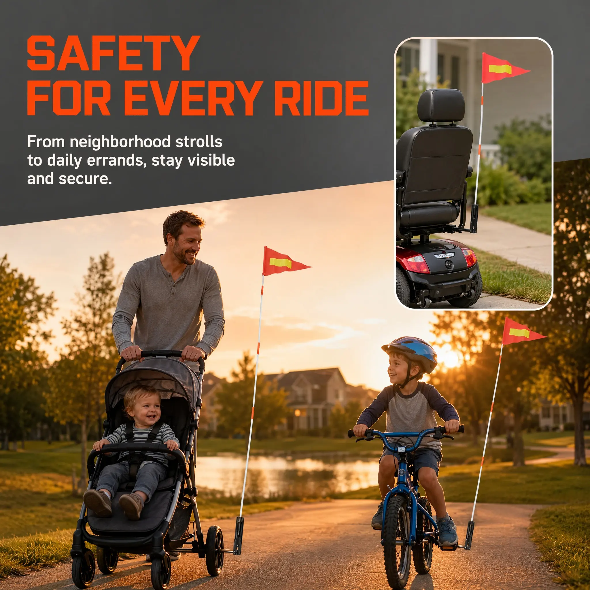 2Sets Golf Cart Flag Reflective High Visibility Safety Flag Pole for Bike Scooter Wheelchair Trailer Outdoor Safety