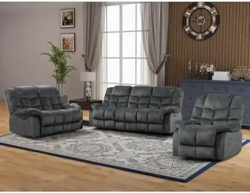 Manual Reclining Sofa Set, 3 Pieces Recliner Sofa Set, Manual Recliner Chair, Reclining Loveseat and 3-Seat Sofa for
