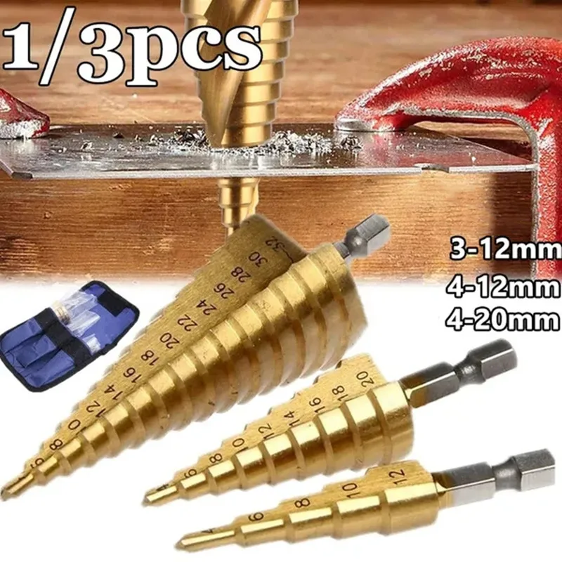 

3pc Hss Step Drill Bit Set Cone Hole Cutter Taper Metric Titanium Coated Metal Hex Core Drill Bits Impact Drill Accessories