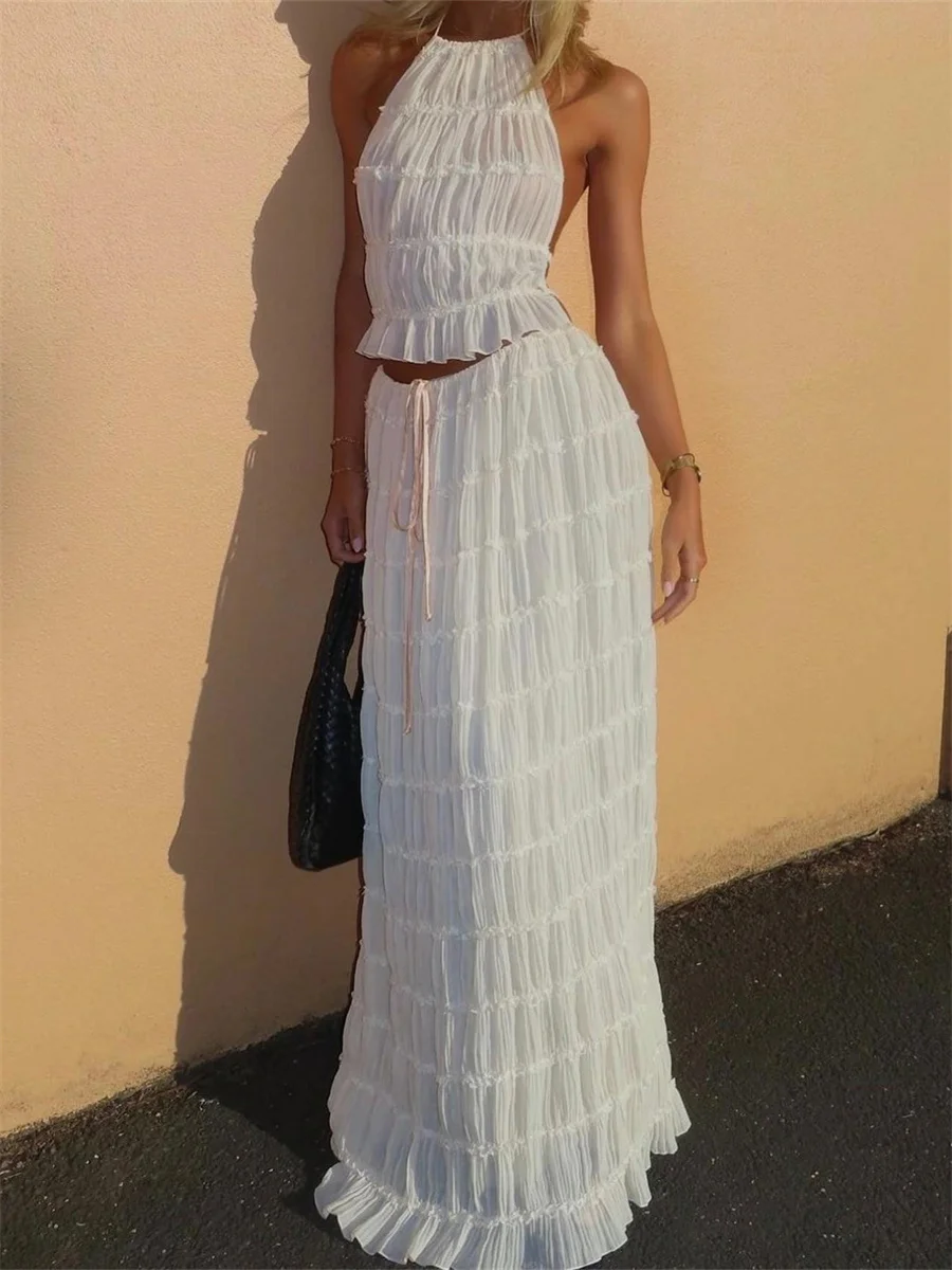 Fashion Solid Halter Neck Long Skirt Suit Women Backless Sling Top Lace Up Fold Maxi Skirts 2024 Elegant Ladies 2 Piece Set