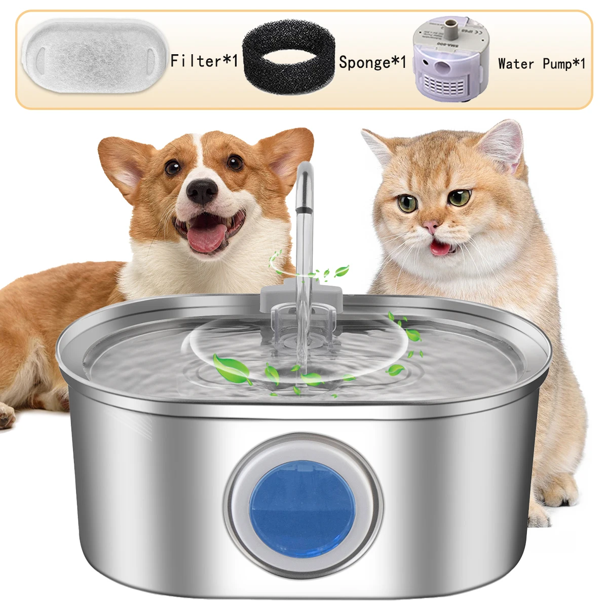 3,2L Edelstahl Haustier-Wasserspender Automatischer Trinkbrunnen für Katzen und Hunde mit Wasserstandsfenster, Ultra-Leise Pumpe, Mehrfachfilter