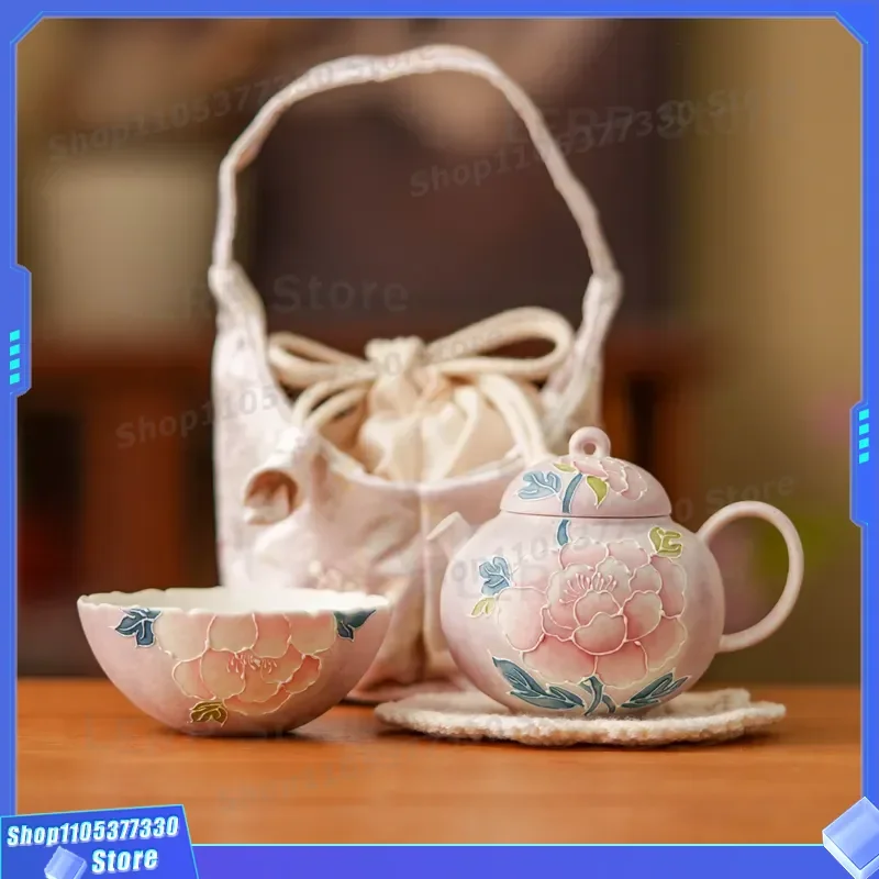 Portable Ceramic Travel Tea Set One Person Kuaike Cup with Stacked Peony Butterfly Love Flower Design for Outdoor Drinking