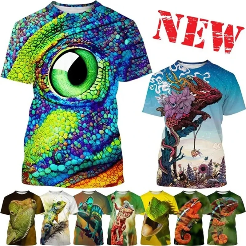 New Hot Selling Chameleon 3D Printing T-shirt Reptile Iguana Round Neck Short-sleeved Animal Pattern Lizard Fashion Casual Tops