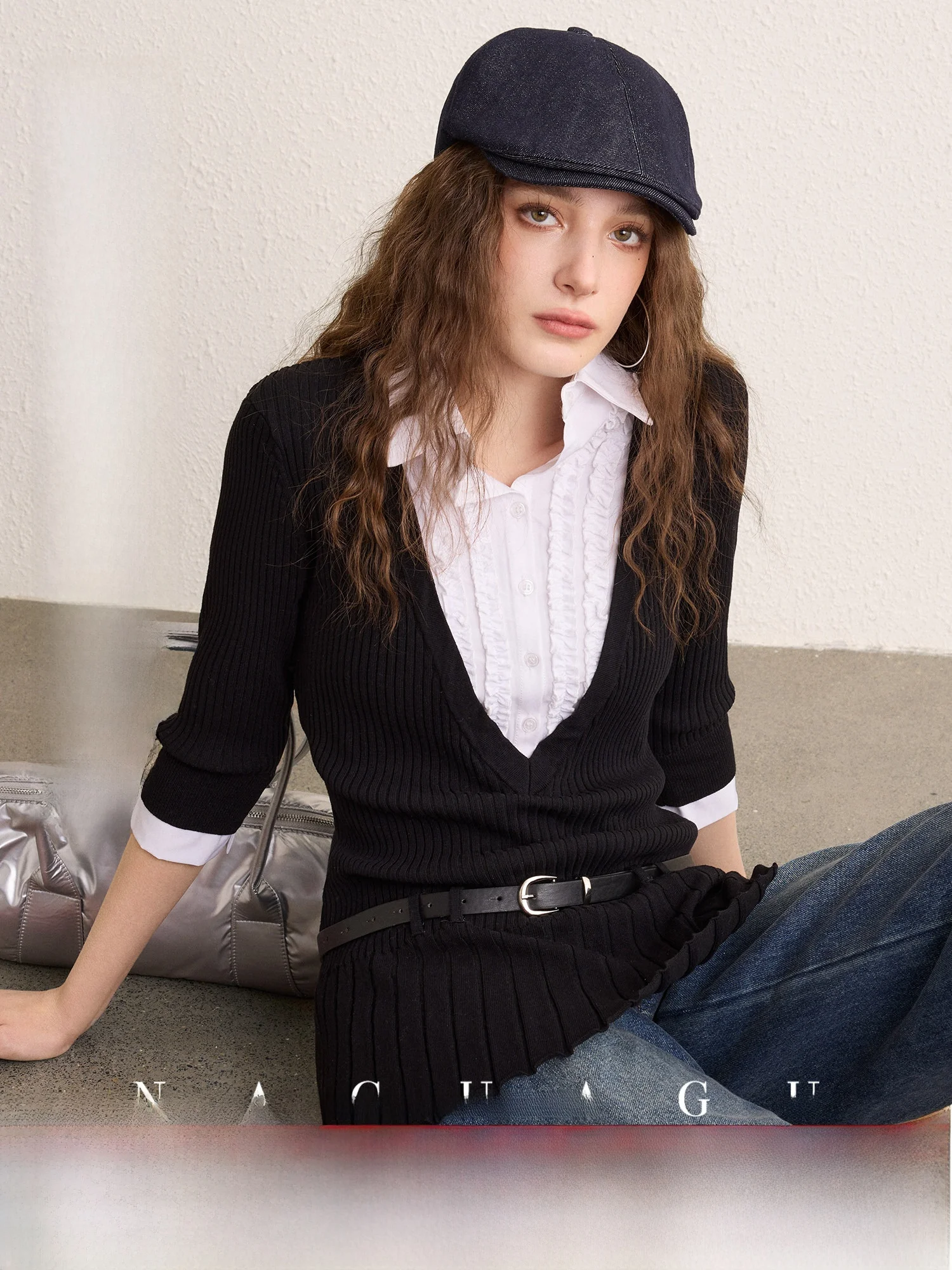 

Modern Knitted irt Series by Pumpkin Valley Early Spring 2025 Puffed Sve Long Dr with Pleated Design Polyester Blend