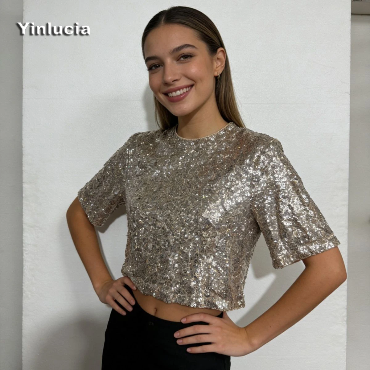 Full Sequin Shiny Tee Sexy Short Navel Tops Half Sleeve Women Blouses Party Focus Hot Babes Loose Pullover Y2K Street Wear New view 4