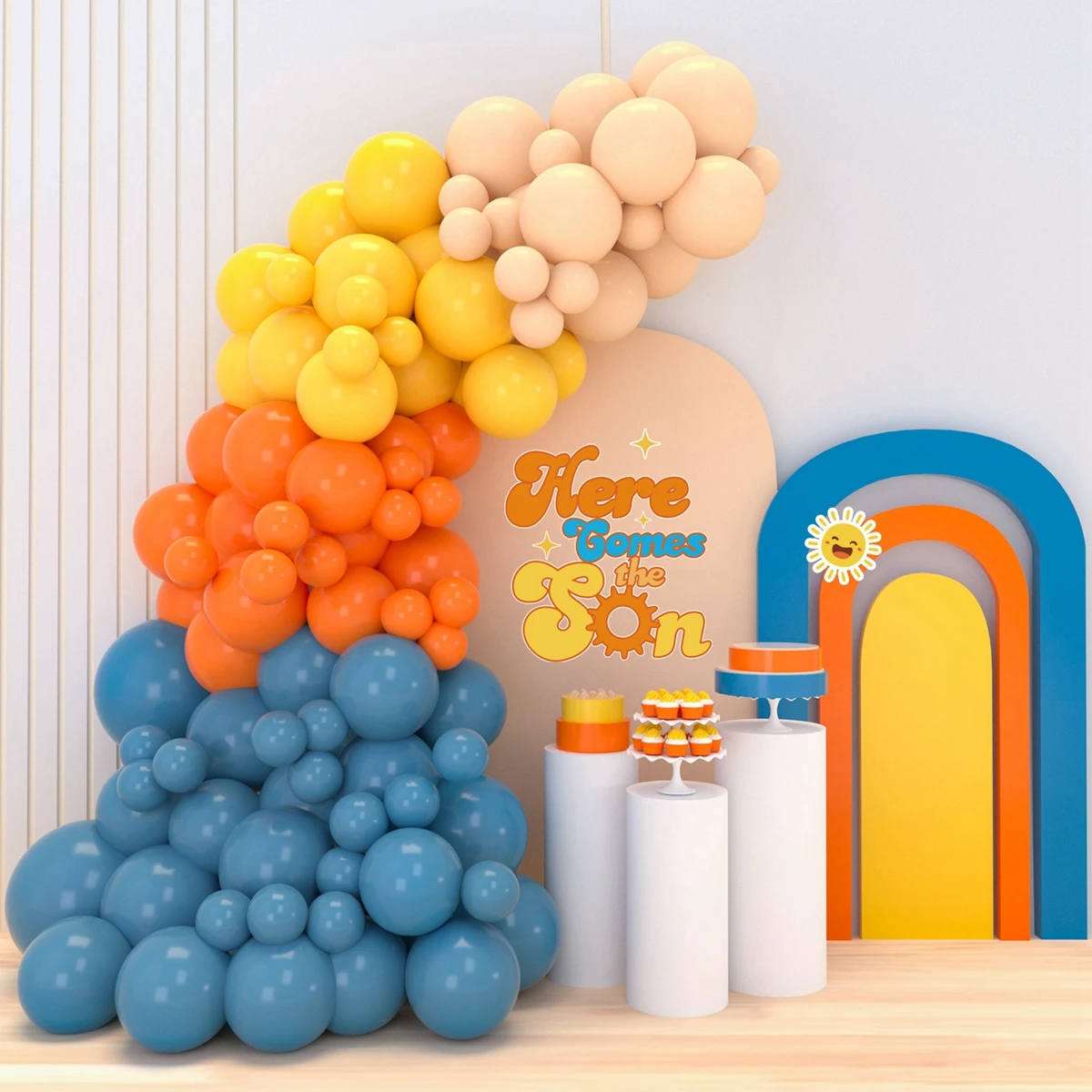 114pcs Sea Blue Retro Orange Mustard Yellow Nude Balloon Garland Arch Kit for Here Comes the Son Baby Shower Boho Birthday Decor