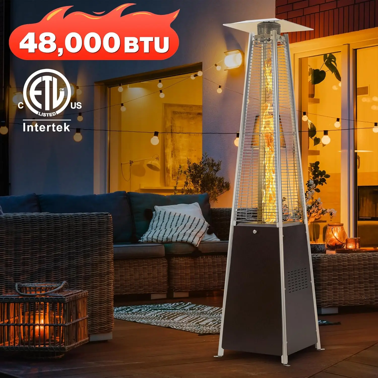 Patio Heater,48,000 BTU Outdoor Patio Heater with Wheels,Propane Patio Heater w/Waterproof Cover & Gloves,Quartz Glass Tube