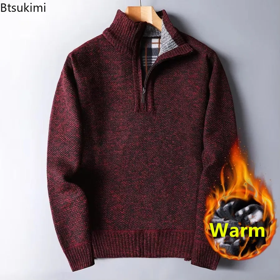New 2026 Men's Winter Thicken Plush Knitted Sweaters Fashion Stand Collar Half Zipper Warm Pullover Male Business Casual Sweater