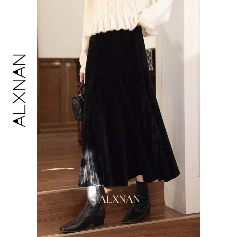 

ALXNAN 2026 Винтажная бархатная юбка женская весенняя с высокой талией А-силуэта плиссированная миди-юбка повседневная офисная элегантная женская одежда L59111