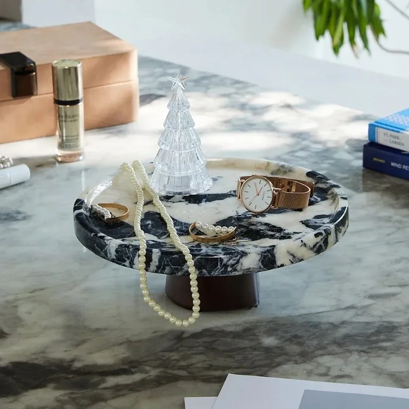 Natural Marble Fruit Bowl, Elevated Round Dessert Stand, Decorative Tray for Entryway Table, Aroma Jewelry Dish for Home Decor