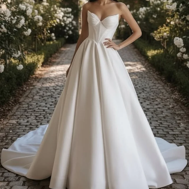 

Simple Satin White Appliques Wedding Dresses off-shoulder A skirt Gowns Made wedding dress Customized