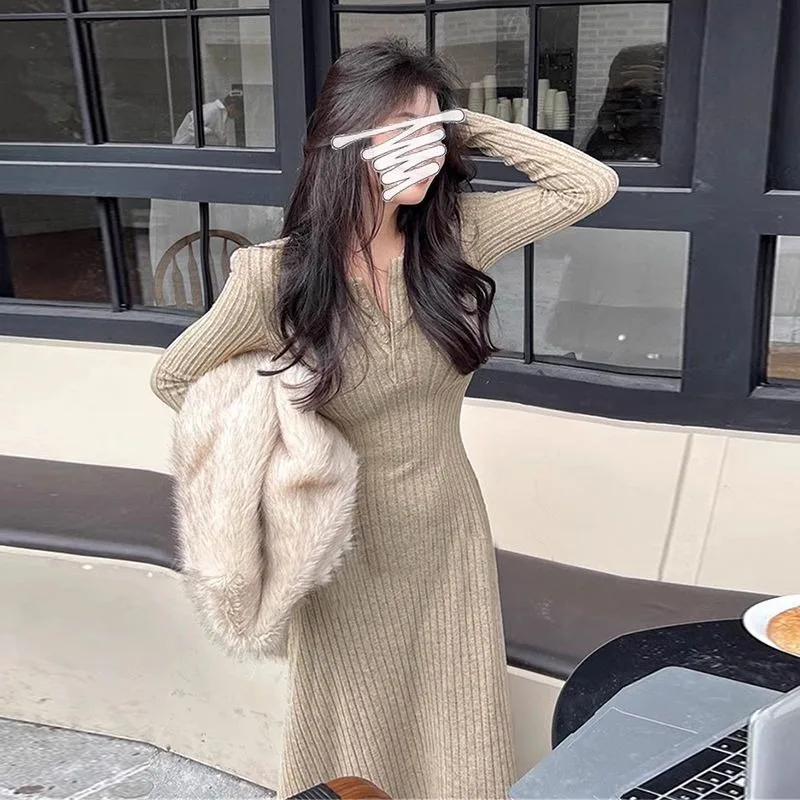 Vestido de punto de manga larga con temperamento de Jersey de Año Nuevo, falda larga ajustada con fondo para otoño e invierno