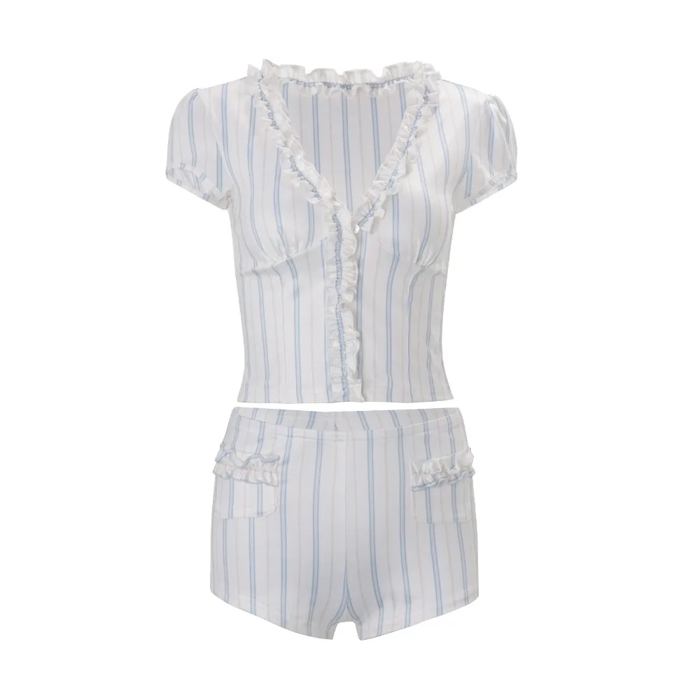 

Ruffle Trim Short Sleeve Striped Set V Neck Crop Top High Waist Shorts Two Piece Outfit Bodycon Deep V