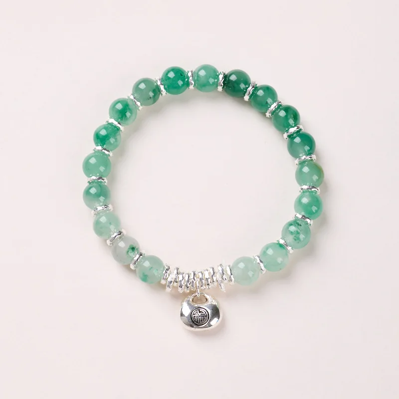 

Ruifan Luxury Natural 8mm African Green Jade Bracelet for Women Tibetan Silver Lucky Pouch Charm Bangle Female Fine Jewelry 1570