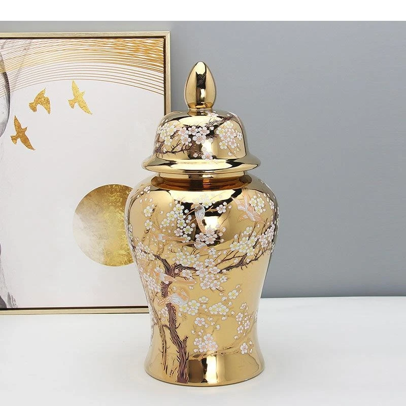 Plum Pattern Gold-plated Storage Jar Ceramic Ginger Jewelry Cosmetic Container Desk Decoration Flower Arrangement Vases