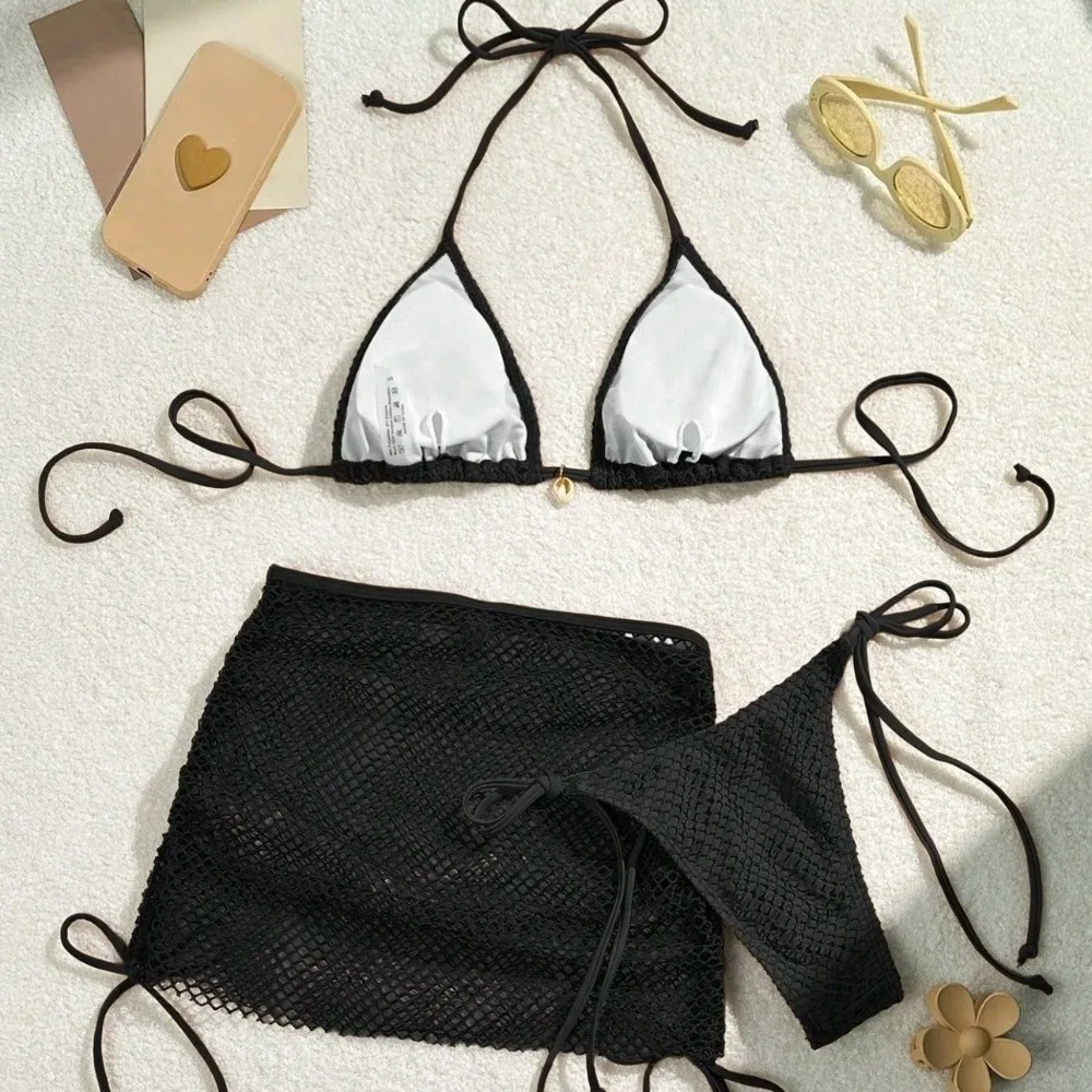 

Sexy Mesh 3 in 1 Swimwear Set Lace Up Deep-V Bikini Bathing Suit Slim Fit Beachwear Clothing Sleeveless Swimsuit Vacation