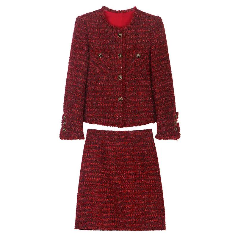 New fashionable and elegant celebrity high-end temperament design round neck single-breasted small fragrance jacket + skirt suit