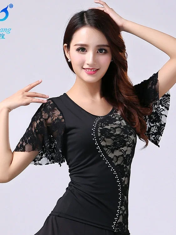 National Standard Dance Modern Lace Top Ballroom Dance Dress New Large Horn Short Sleeve Waltz Dance Costume