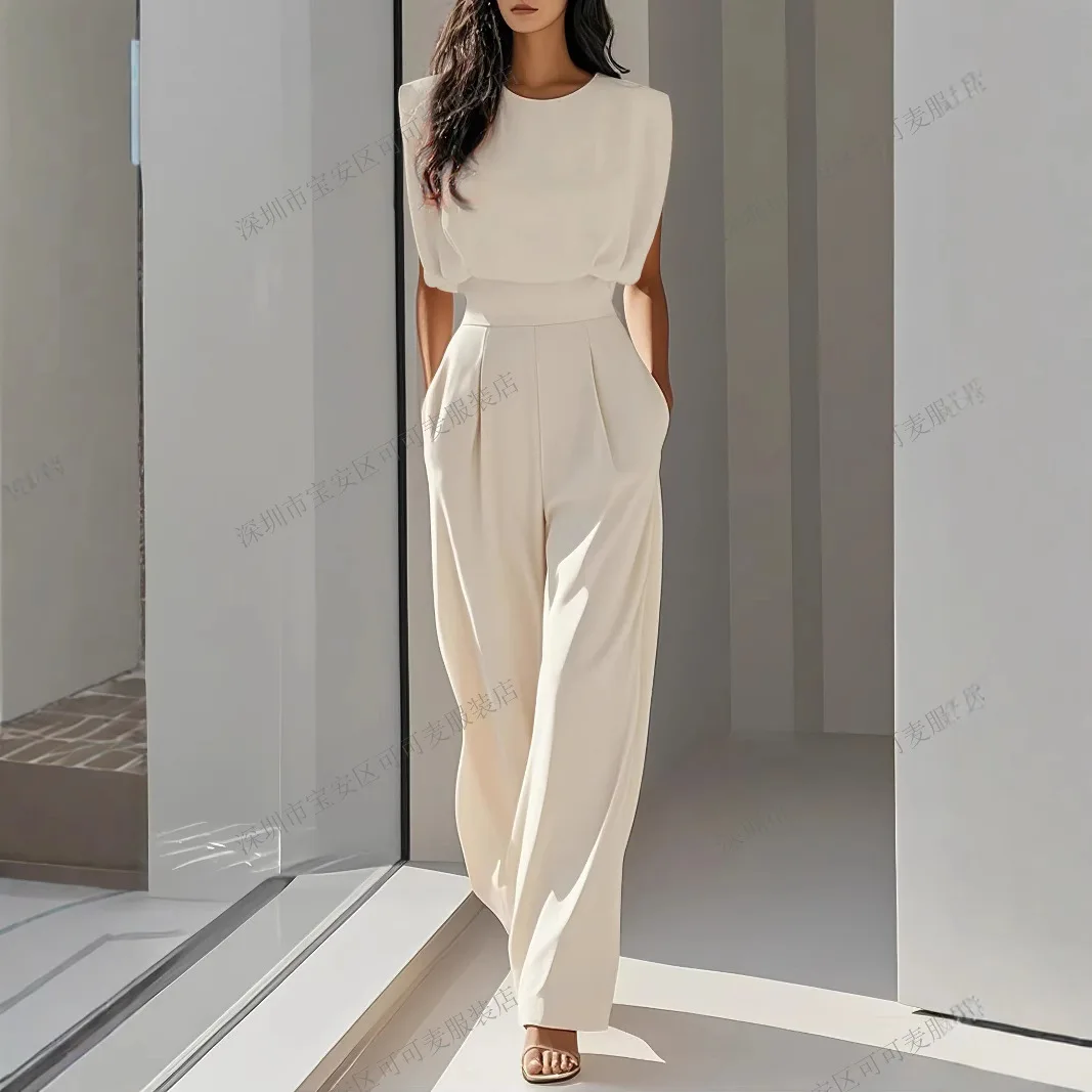 

Women's Fashion Solid Color Commute Overalls 2025 New Summer Sleeveless Loose Pleated High Waist Urban Jumpsuits