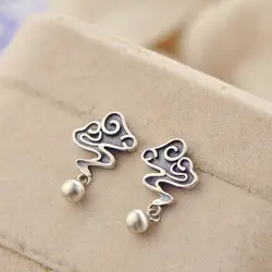 Thai Silver Women's Retro Craft Auspicious Cloud Ball Earrings Exquisite Chinese Style Literary Lady Cocktail Jewelry