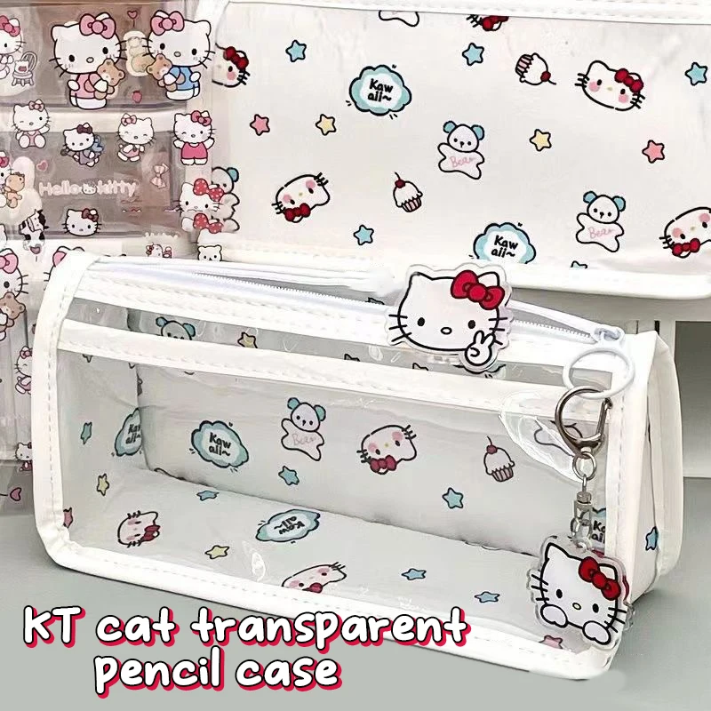 

Кавайный прозрачный карандаш Hello Kitty, женская сумка для ручек Sanrio, почтовый стилус, вместительная косметичка, Канцелярский Органайзер