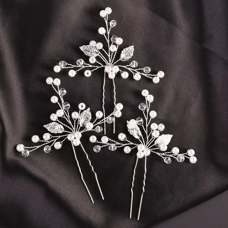 U-shaped Pearl Hairpin Hair Clips Golden Leaf Side Pin Fashion Party Girls Crystal Tiaras Wedding Hair Jewelry Marrige Headdress