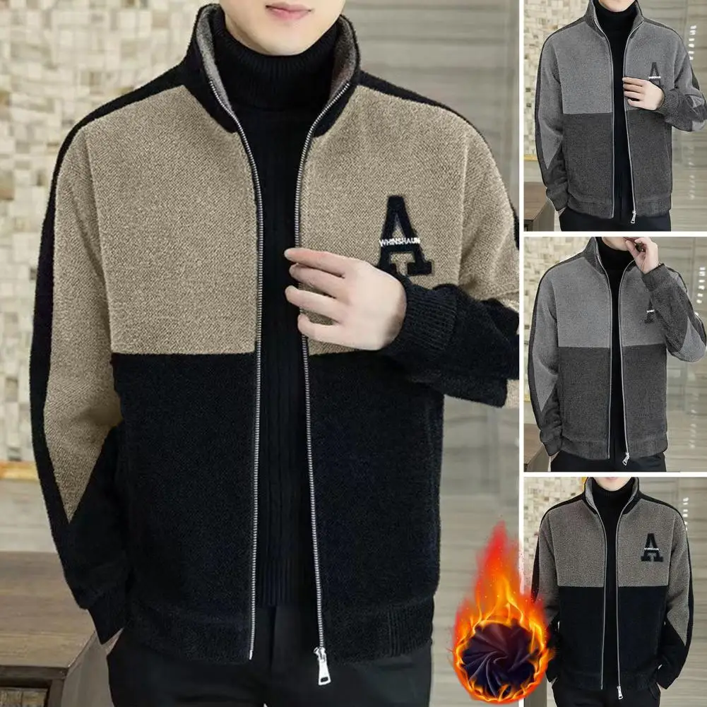 

Men Fall Winter Coat Thick Warm Stand Collar Neck Protection Sweatshirt Soft Zipper Closure Cardigan Men Long Sleeve Jacket