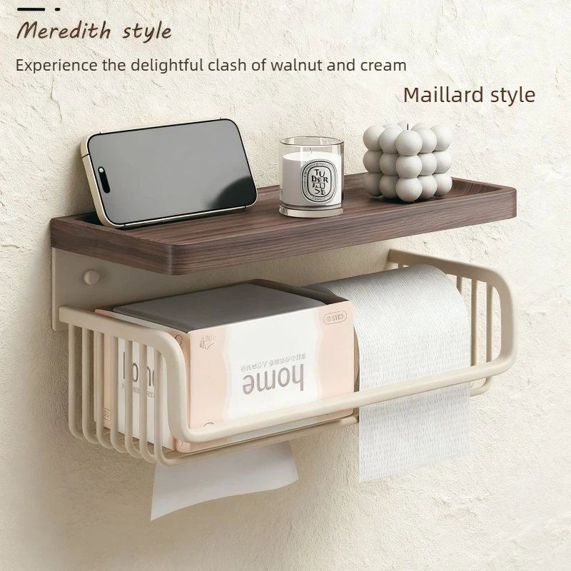 

New Vintage Walnut No-Drill Toilet Paper Holder-Mid-Century Bathroom Shelf, Adhesive Tissue Rack, Rustic Home Decor|Organizer