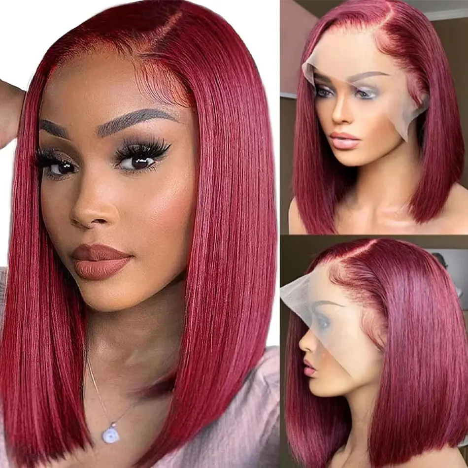 

16inch 99j Burgundy Bob Wig Human Hair Straight 13x4 Hd Lace Front Wig 200% Density Pre Plucked 99j Human Hair Wig Short Red Wig