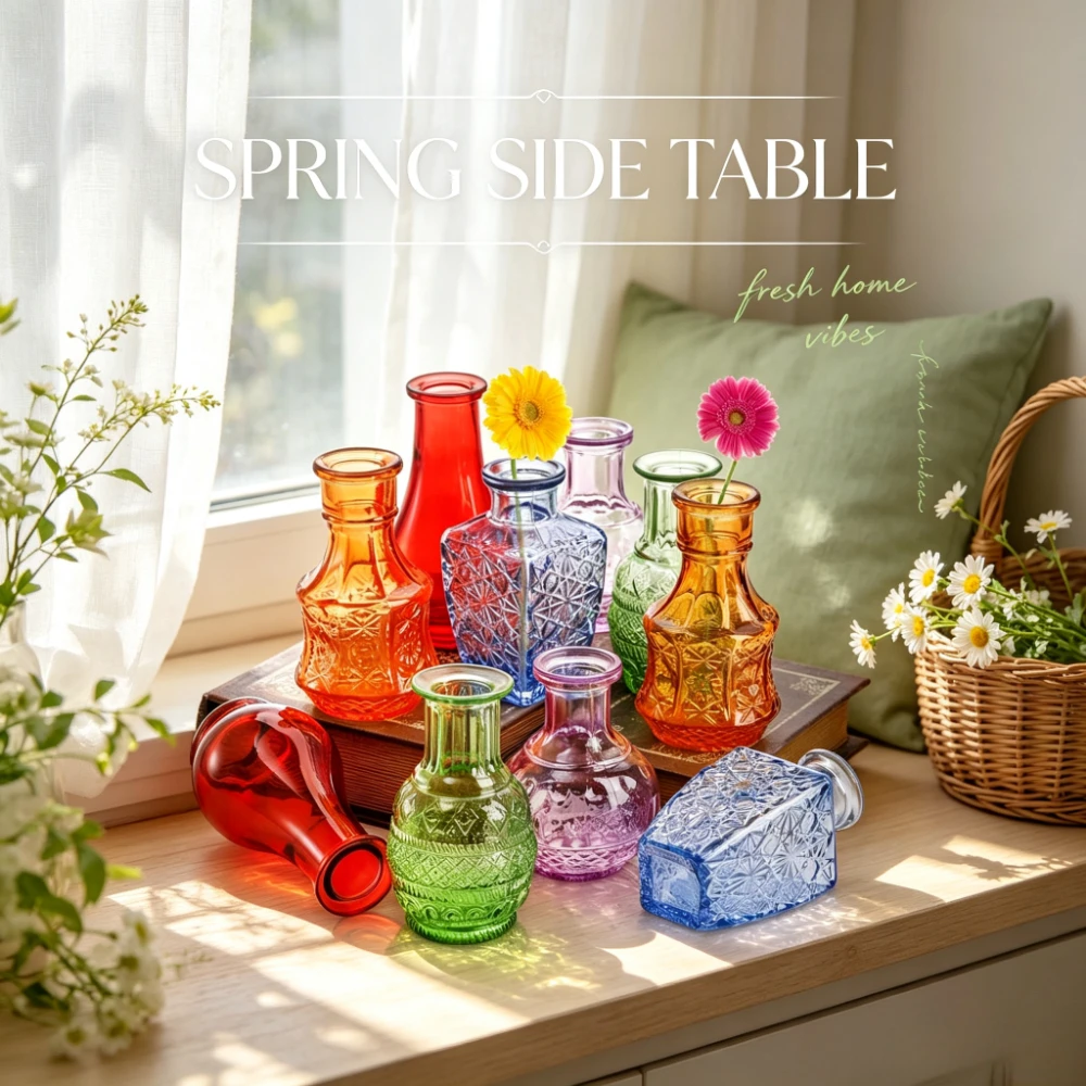 Multi‑Shape Multicolor Glass Bud Vase Vintage Embossed Small Glass Flower Bottle Hydroponics Floral Container Home Decor