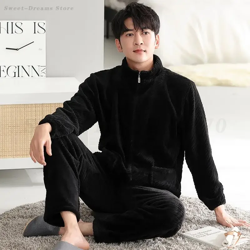 

Men's Plus Size Pajamas Set Coral Fleece Home Clothes Long Sleeved Stand Up Collar Flannel Sleepwear Loose Loungewear Pyjamas