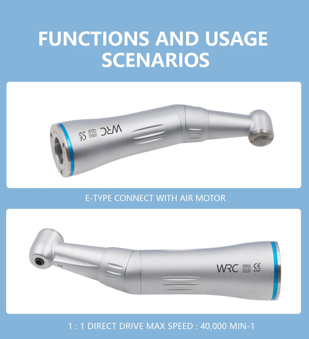 WRC Dental Inner Channel Low Speed Handpiece Set 1:1 Direct Drive Fiber Optic Contra Angle Straight Handpiece Air Motor 40000rpm