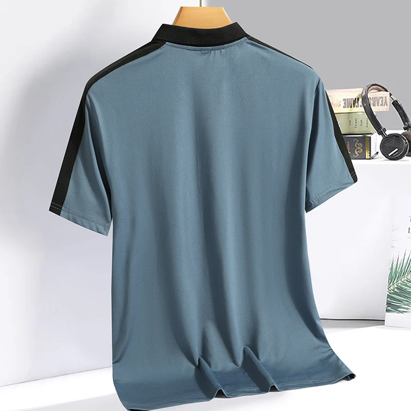 Men\'s Polo collar top with summer ice silk breathable quick drying short sleeved T-shirt patchwork contrasting color polo shirt