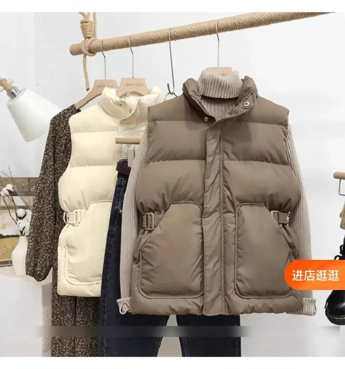 New Down Padded Vest Autumn Winter Women's Korean Version Loose Cotton Vest Stand Collar Solid Color Waist Vest Coat