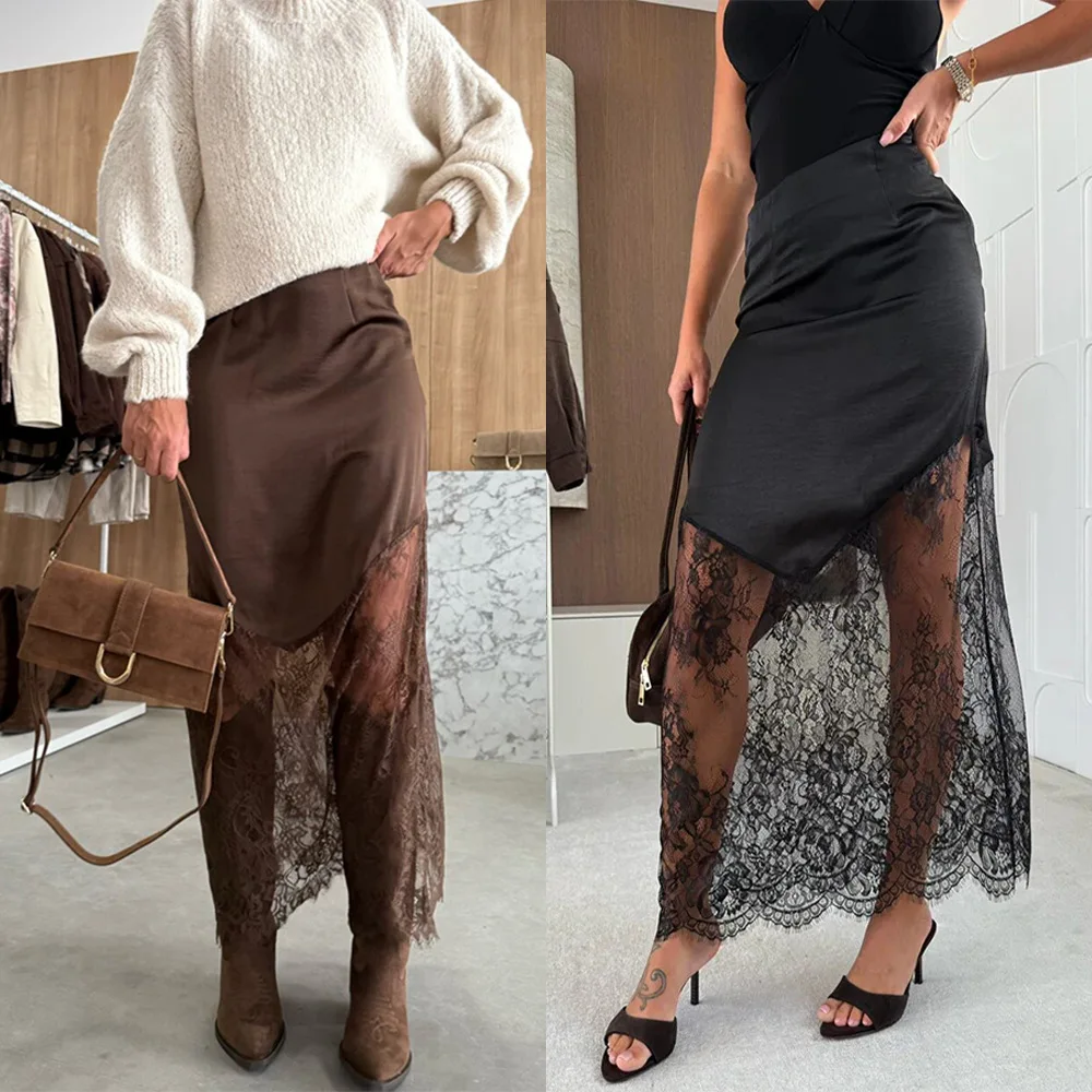 العصرية الساخنة فتاة تنورة بلون غير النظامية الساتان المرقعة انظر من خلال الدانتيل التنانير موضة مثير الشارع الشهير الملابس النسائية جديد #6