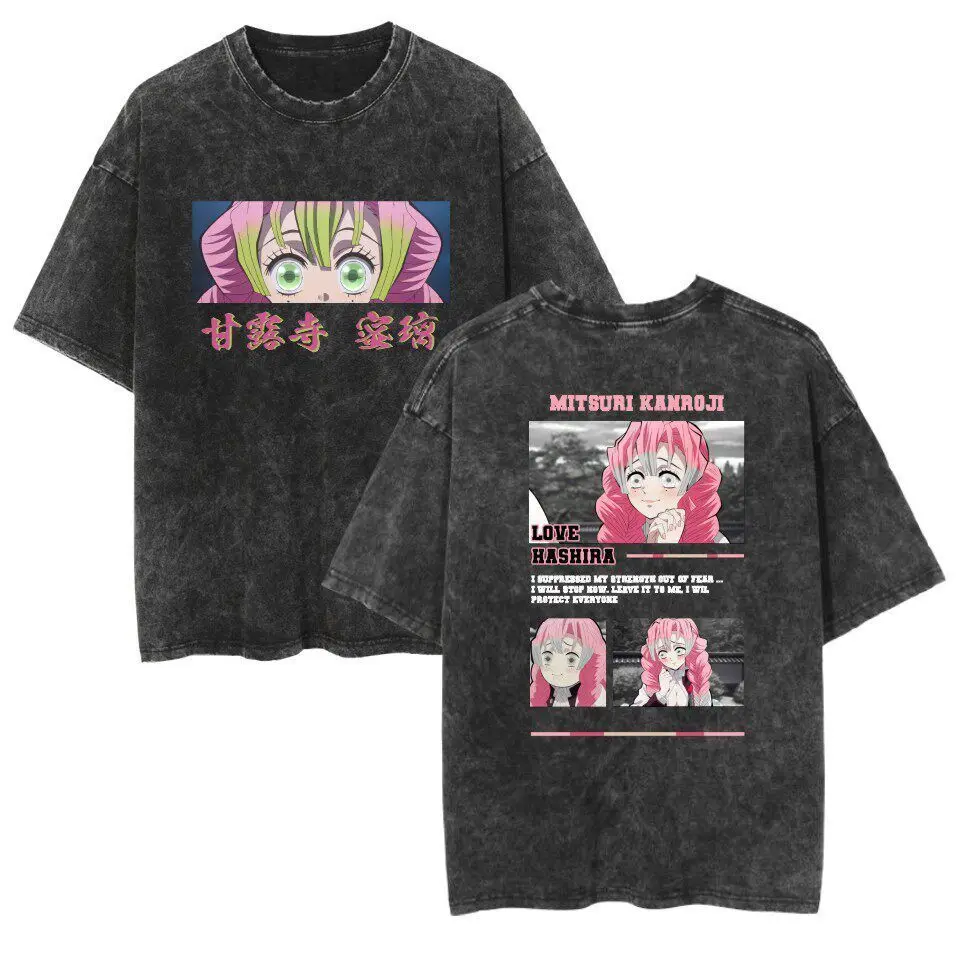 Demon Slayer Four Protagonist Splicing Short sleeved T-shirt for Men and Women, Washed and Used