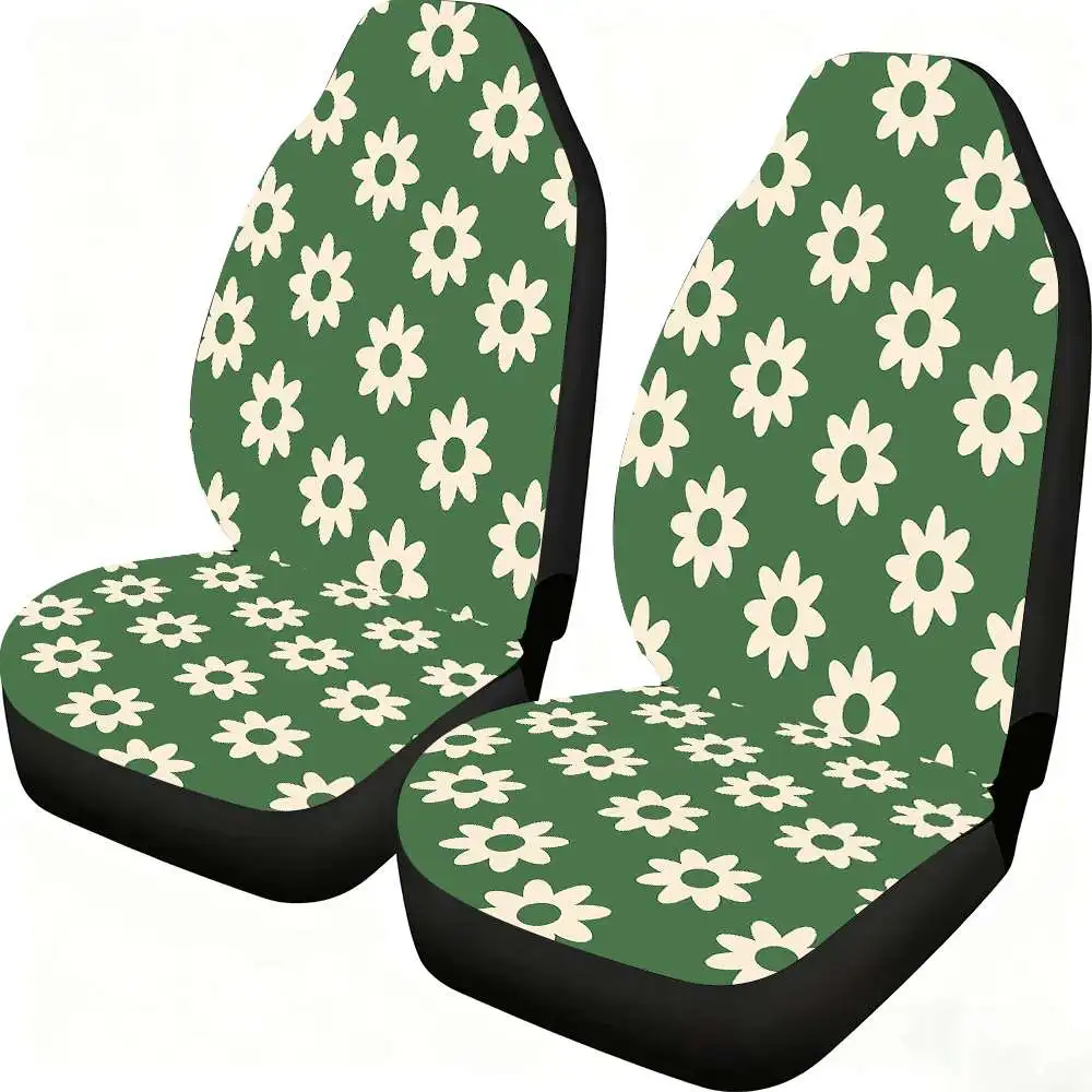 2pcs Retro White Daisy Pattern Car Seat Covers Suitable For Front Seats, High Back Design, Polyester Material, Suitable For Cars