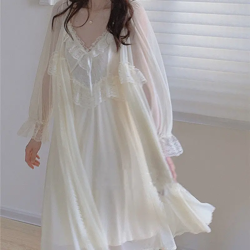 Two Piece Set Retro Palace Style Nightwear Women Nightgown Sleepwear Sexy Lace Mesh Robe Home Dressing Gown Loose Lingerie