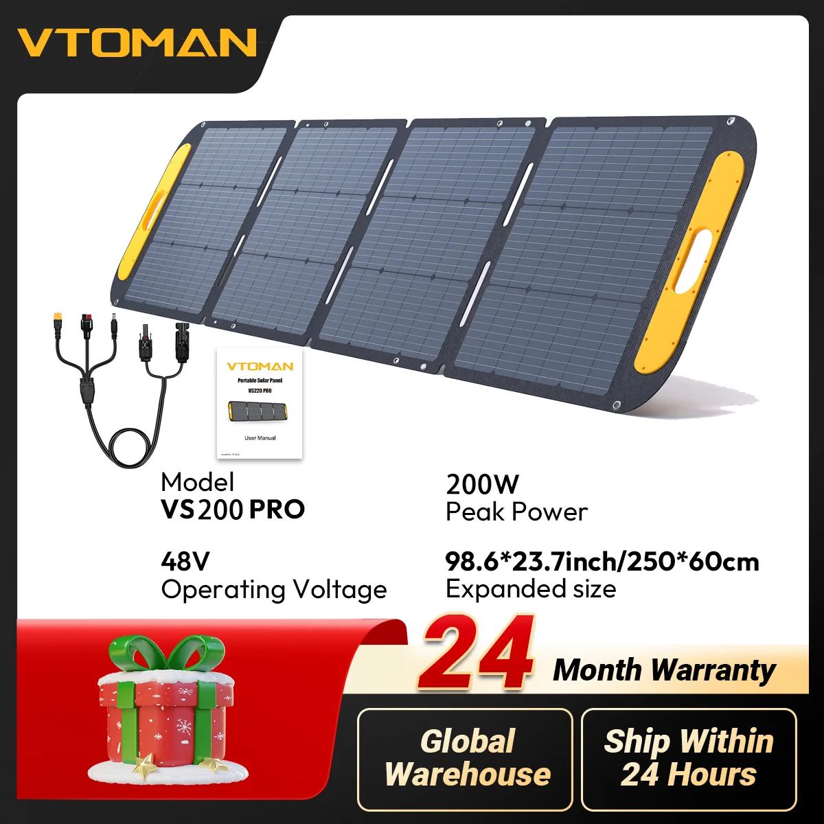 

Солнечный комплект VTOMAN 48В 200Вт, высокоэффективная складная водонепроницаемая солнечная панель, портативное зарядное устройство для кемпинга, автодомов