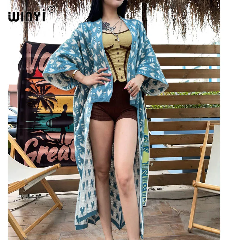 WINYI Love pattern woman Winter Knitted kimono Christmas new Fashion hipster party dress Thick Warm Female abaya holiday coat