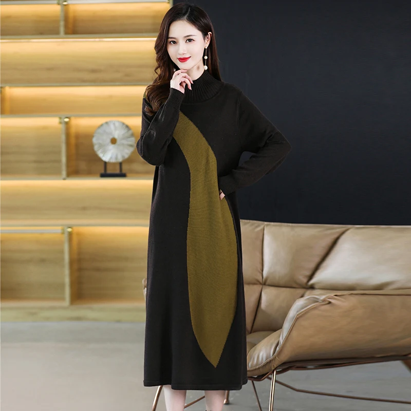 

Sweater Dresses Women's Knitted Dress For Spring Autumn New Half Turtleneck Pullover Loose Thicken Warm Bottom Clothing