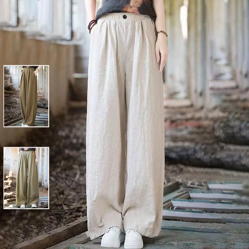 

Простые однотонные хлопковые и льняные прямые повседневные брюки с высокой талией, широкие брюки, утягивающие длинные брюки для больших размеров...
