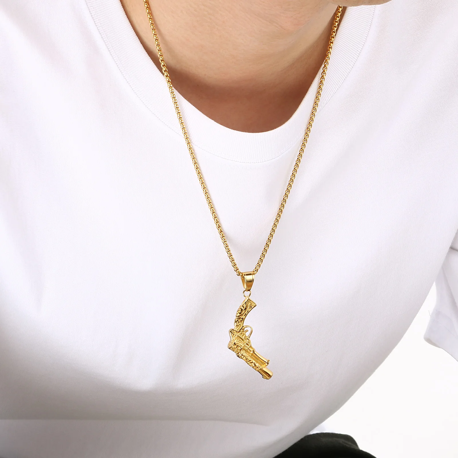 Fongten Stainless Steel Toy Gun Pendant Necklace For Men Hip Hop Exquisite Box Chain Birthday Gift Fashion Jewelry Banquet